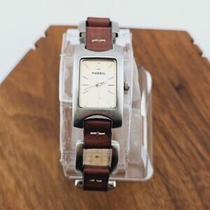 Fossil Women's Champagne Dial Silver Tone Watch Brown Leather Link Band ES-1117